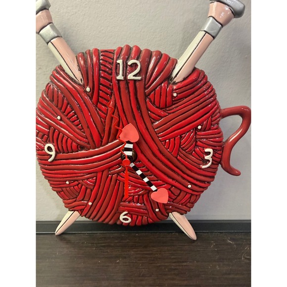 Allen Designs Studio Red Yarn Ball Knitting Wall Clock Heart missing Pendulum - Picture 2 of 7